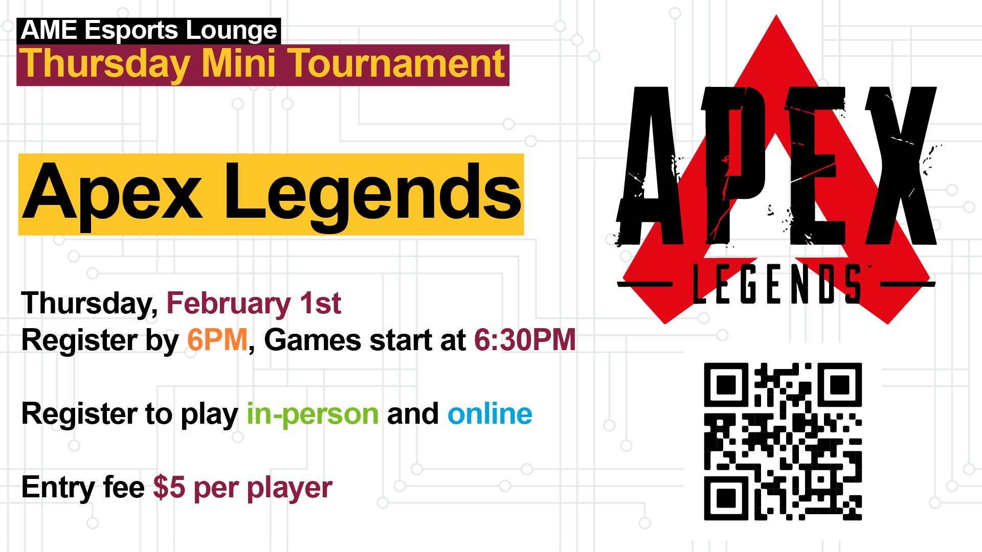 Apex Legends mini tournament. Thursday, February 1st, 6 - 9 PM