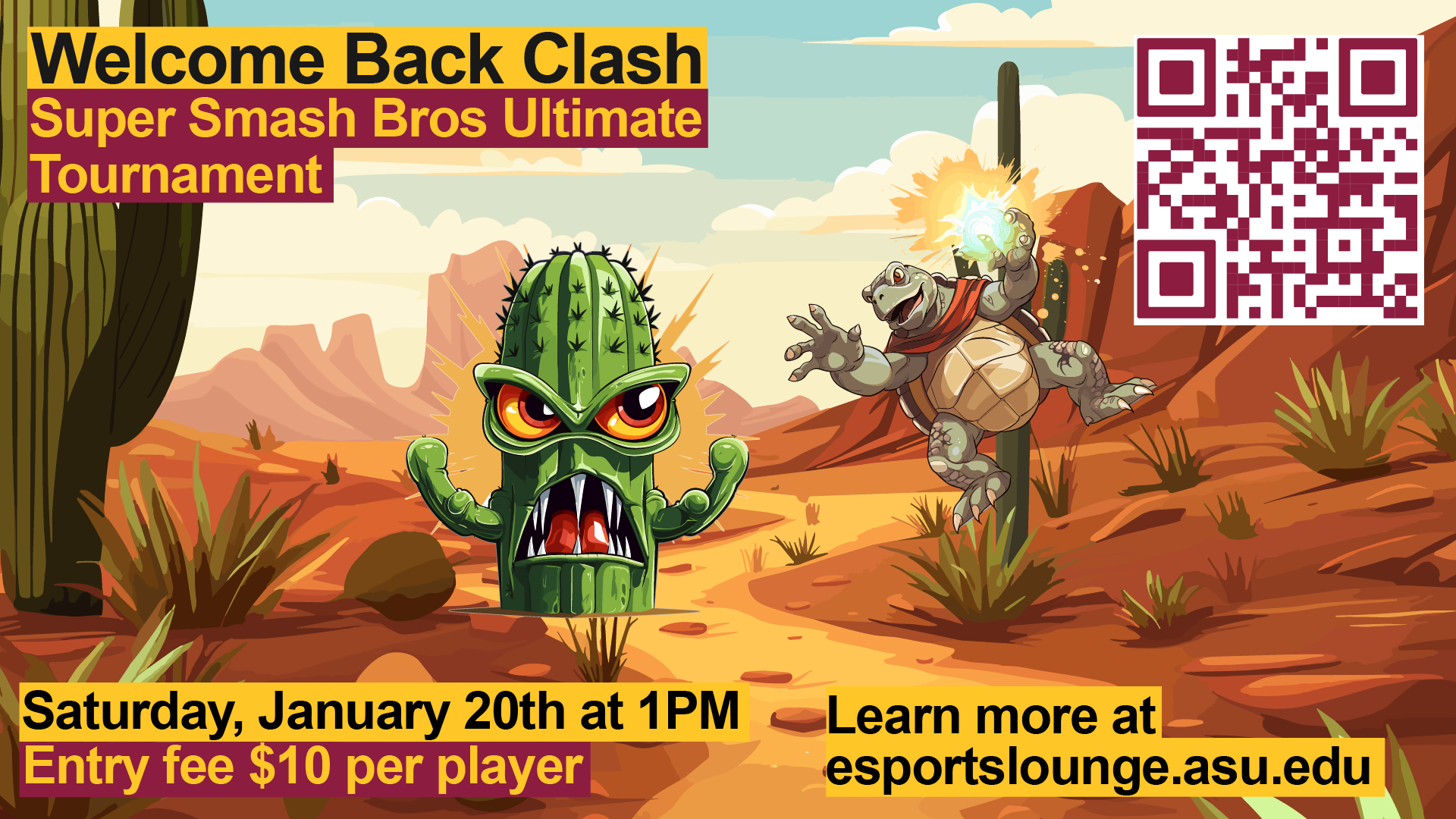 Welcome Back Clash, a Super Smash Bros Ultimate Tournament. Saturday, January 20th at 10 AM